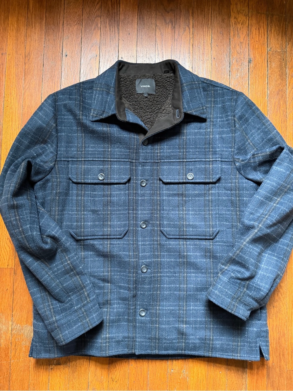 Vince Men’s Blue Plaid Sherpa-Lined Shacket size large